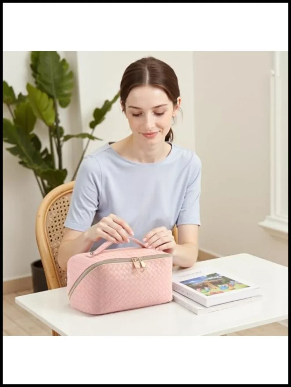 Waterproof Vegan Leather Cosmetic Bag with Brush Compartment and Handle
